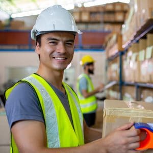 Employee working in a warehouse with PPE on