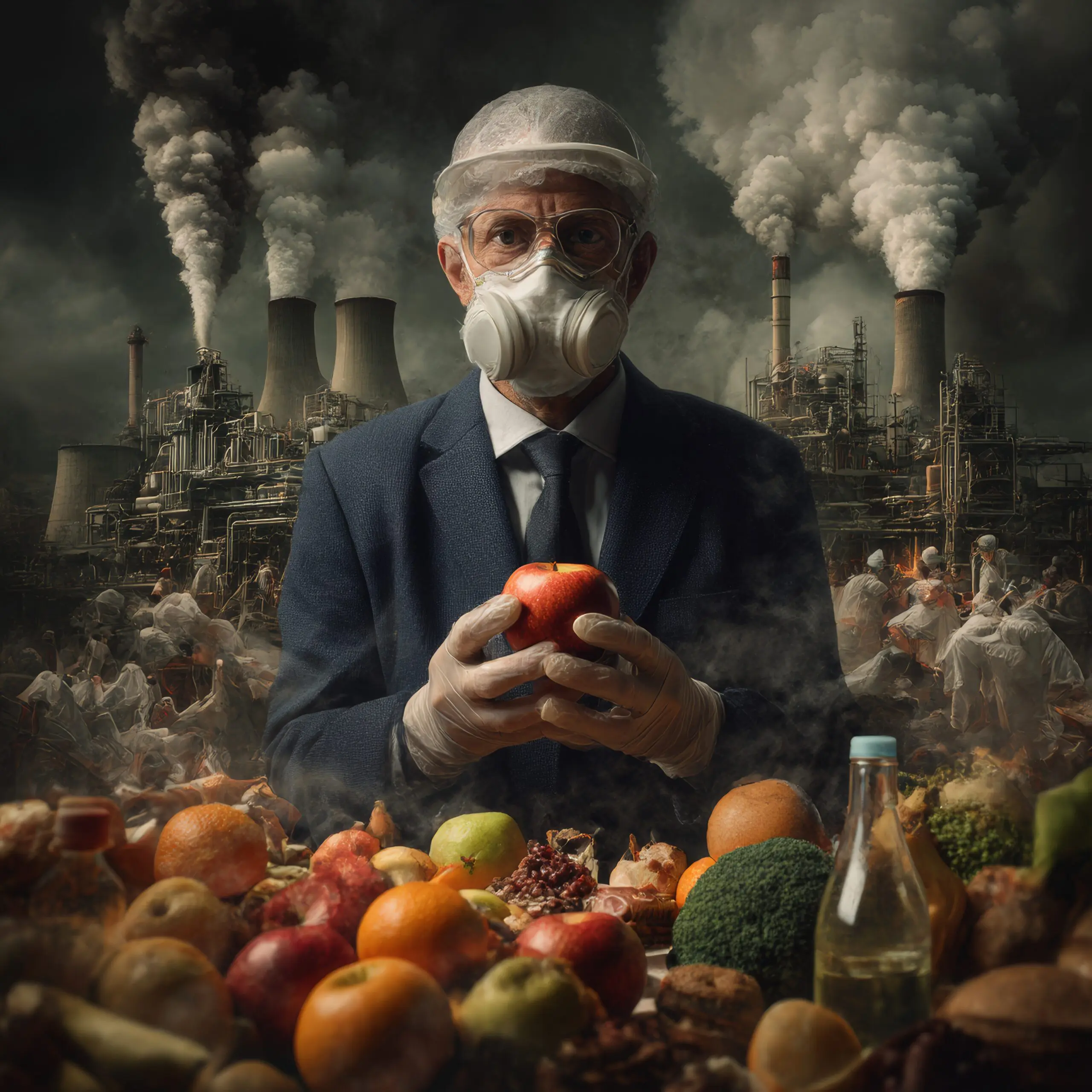 Pollution and food and toxic pollutants in nutrition as eating a contaminated meal as a fork with industrial toxins or climate change affects on the body with 3D illustration elements.