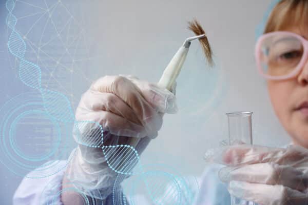 laboratory assistant examines a hair sample, curls in a package for research by genetic research in the laboratory, concept of DNA analysis, establishing paternity