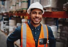 Handsome warehouse manager smiling standing in warehouse wearing white helmet and orange safety vest